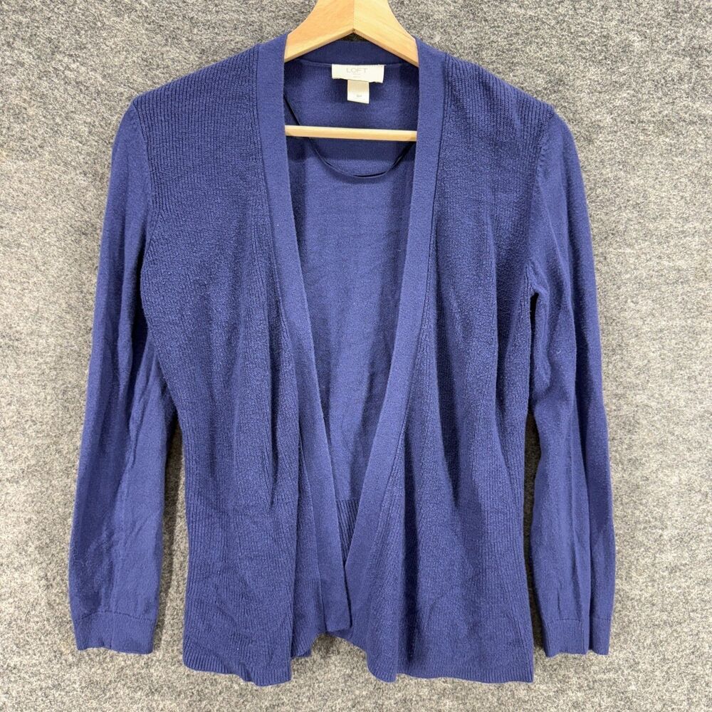 Loft Cardigan Women Ps Petite Blue Open Front Long Sleeve Cotton Casual Knit